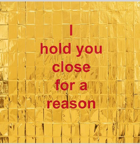 Olga Cironis, I hold you close for a reason, 2023, emergency blanket and printed text, 210 x 140cm