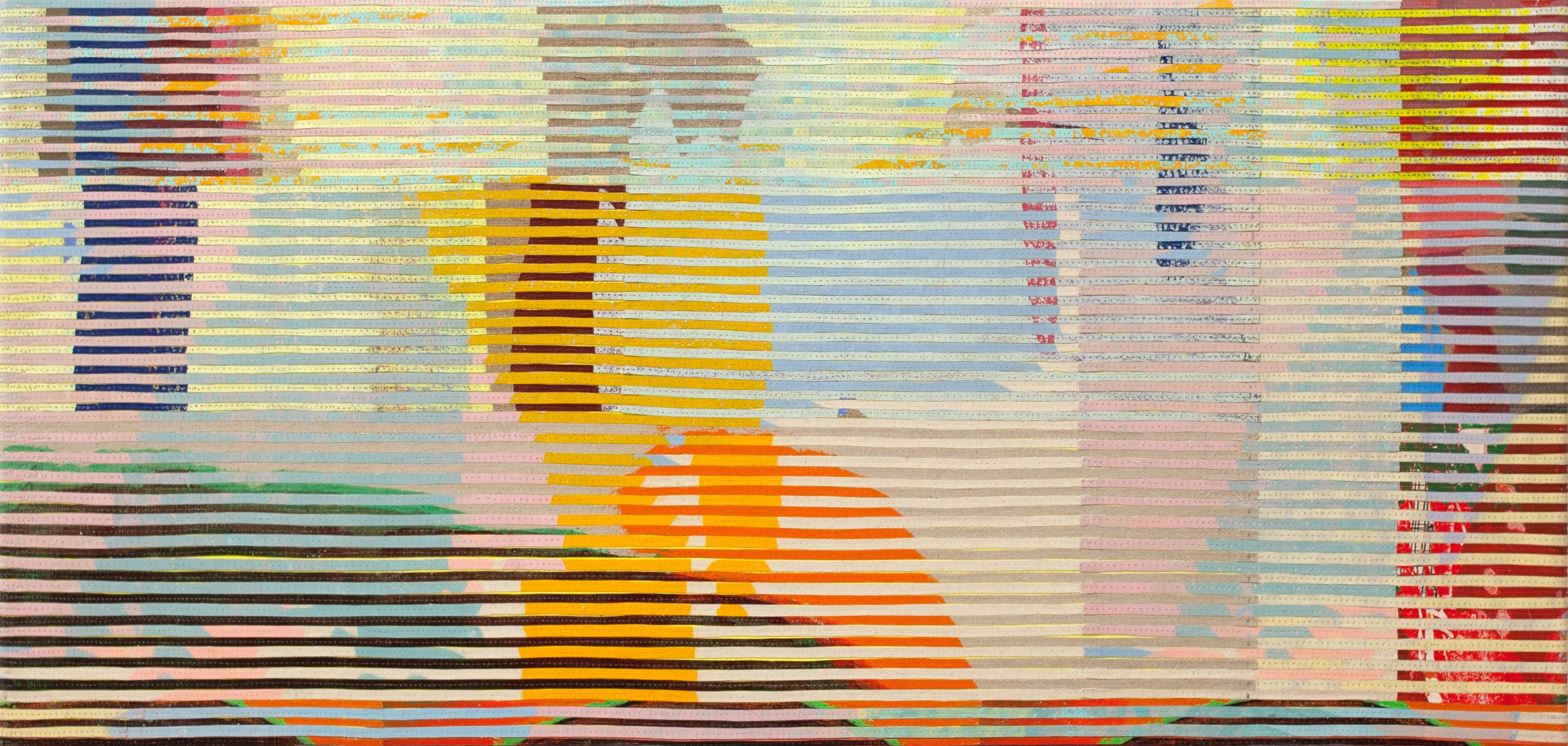 Eveline Kotai, Through the Car Window, 2025, acrylilc, oil and polythread on canvas, 46 x 97cm