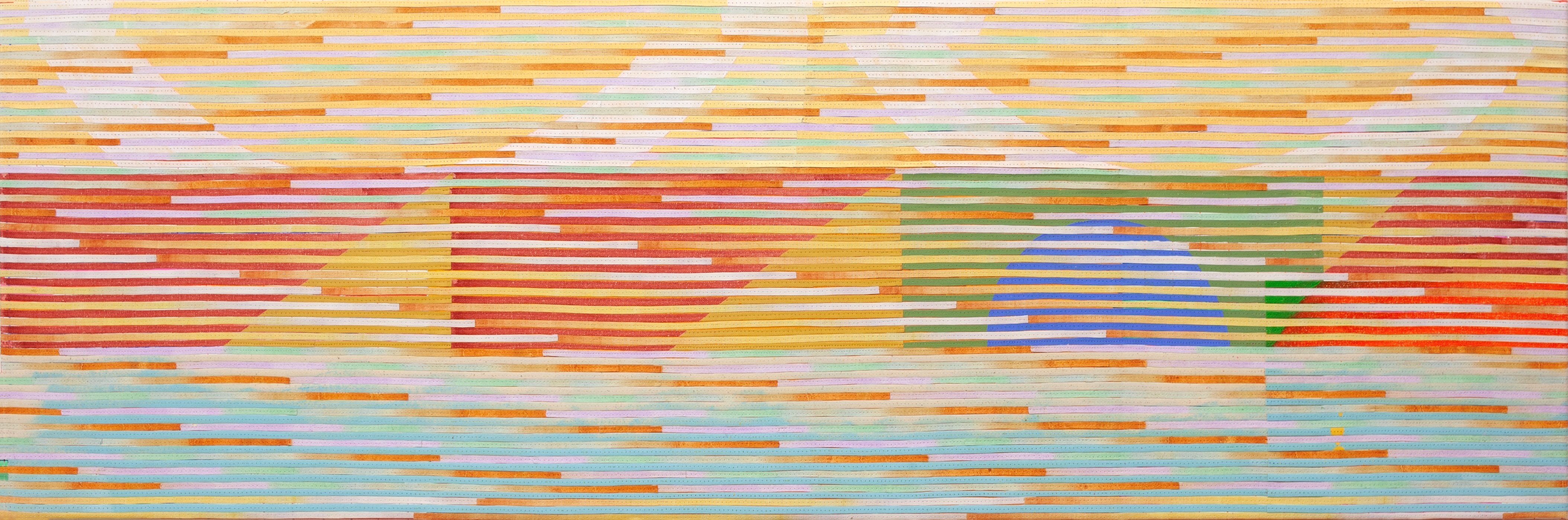 Eveline Kotai, Drifting North, 2025, acrylilc, oil and polythread on canvas, 46 x 141cm
