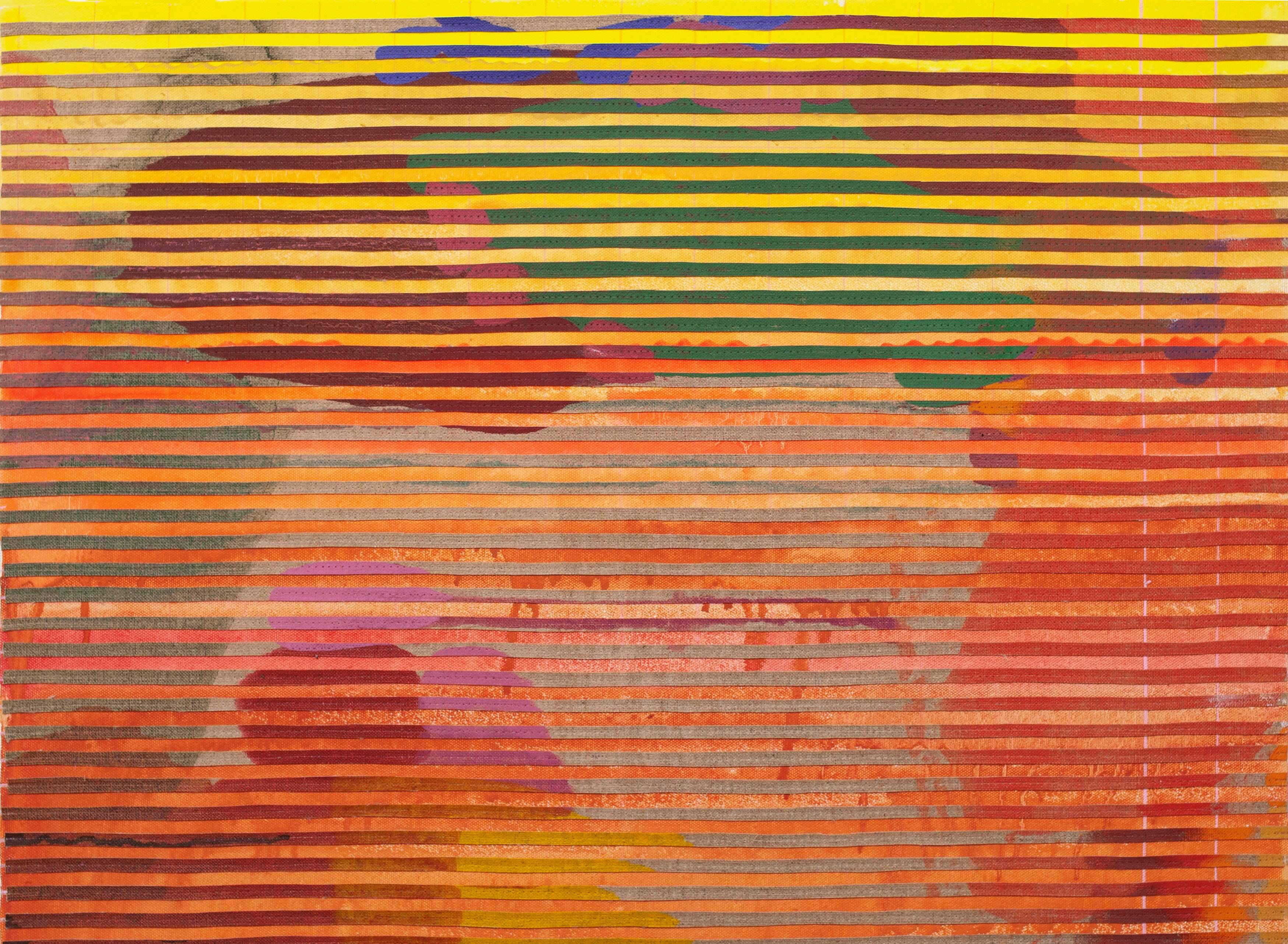 Eveline Kotai, Red Earth, 2025, acrylic, oil and polythread on canvas, 46 x 61cm