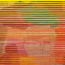 Eveline Kotai, Red Earth, 2025, acrylic, oil and polythread on canvas, 46 x 61cm