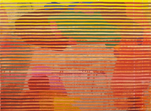 Eveline Kotai, Red Earth, 2025, acrylic, oil and polythread on canvas, 46 x 61cm