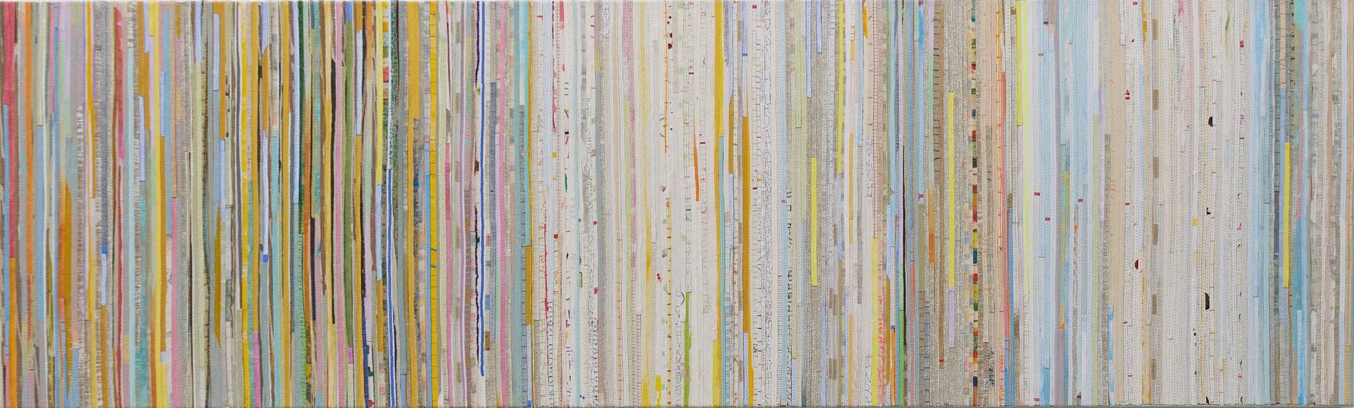 Eveline Kotai, Inside Forest 4, 2025, acrylic, canvas, polyester thread on linen, 46 x 153cm