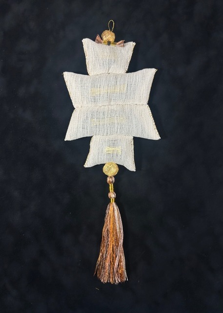 Jacky Cheng, Forms of Becoming II, 2025, paper and gold leaf thread, wool, metal foil, gold Cricula silk cocoons, natural silk dyed thread, 43 x 16cm