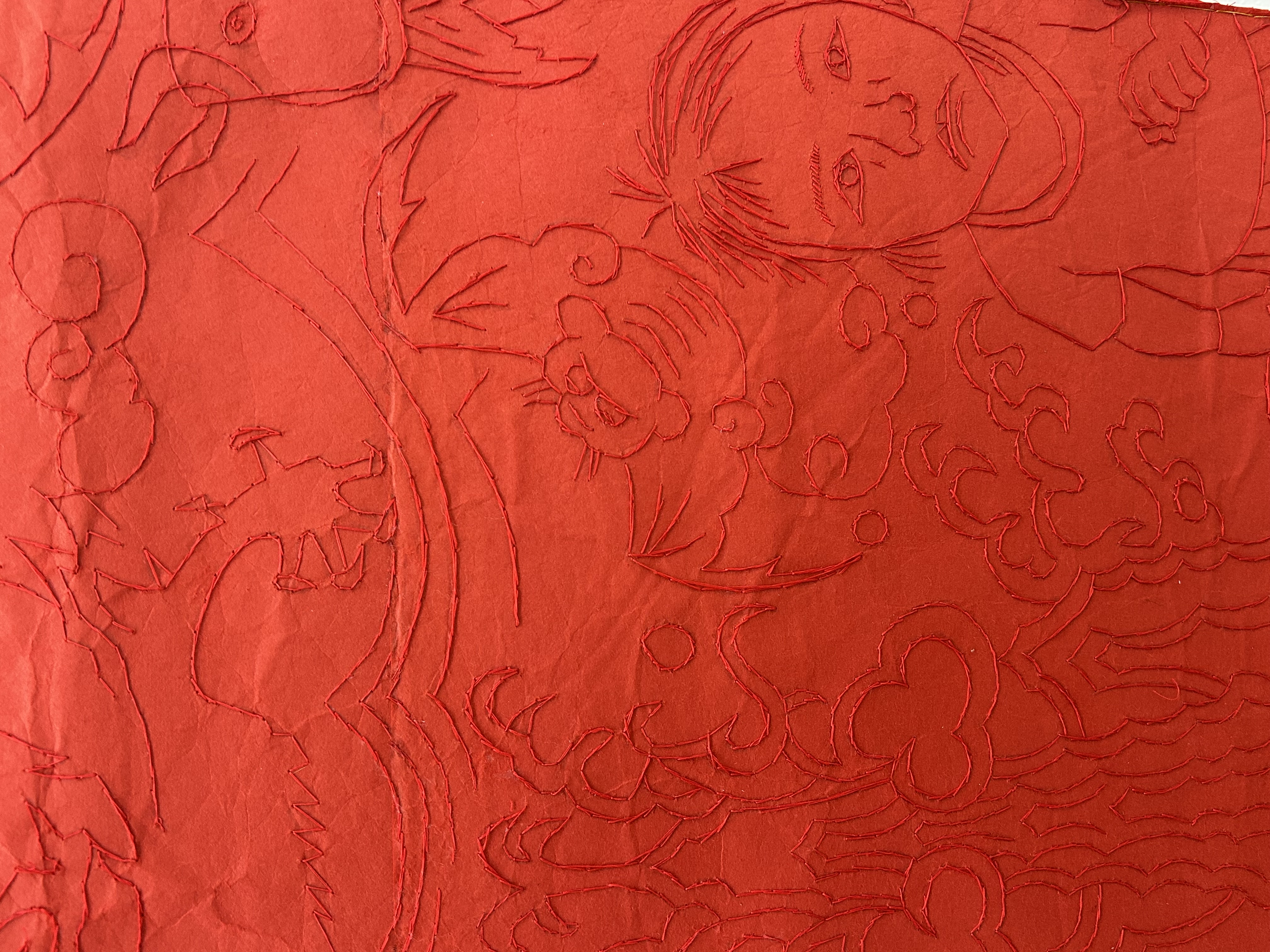 Jacky Cheng, Unbroken Line (detail), 2025, cotton thread, gold leaf thread, foil leaf and Mingeishi paper, 166 x 195cm