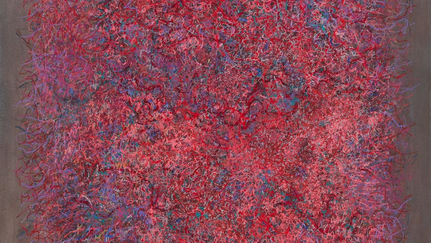 Michele Theunissen, Dispersion to Red, 2025, acrylic, pigment and Posca pen on canvas, 102 x 102cm