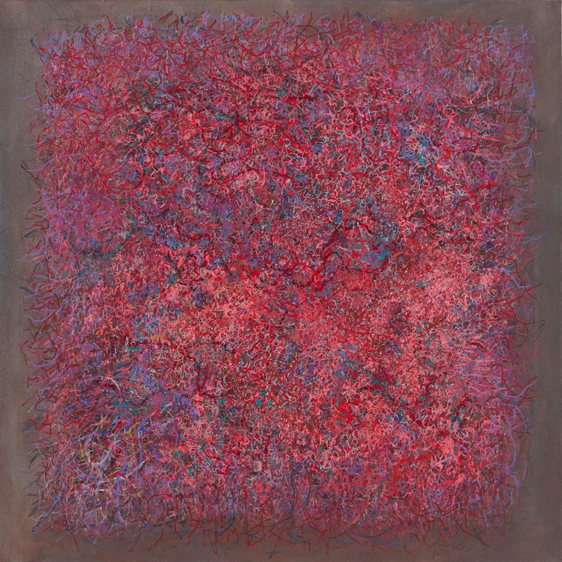 Michele Theunissen, Dispersion to Red, 2025, acrylic and mixed media on canvas 102 x 102cm