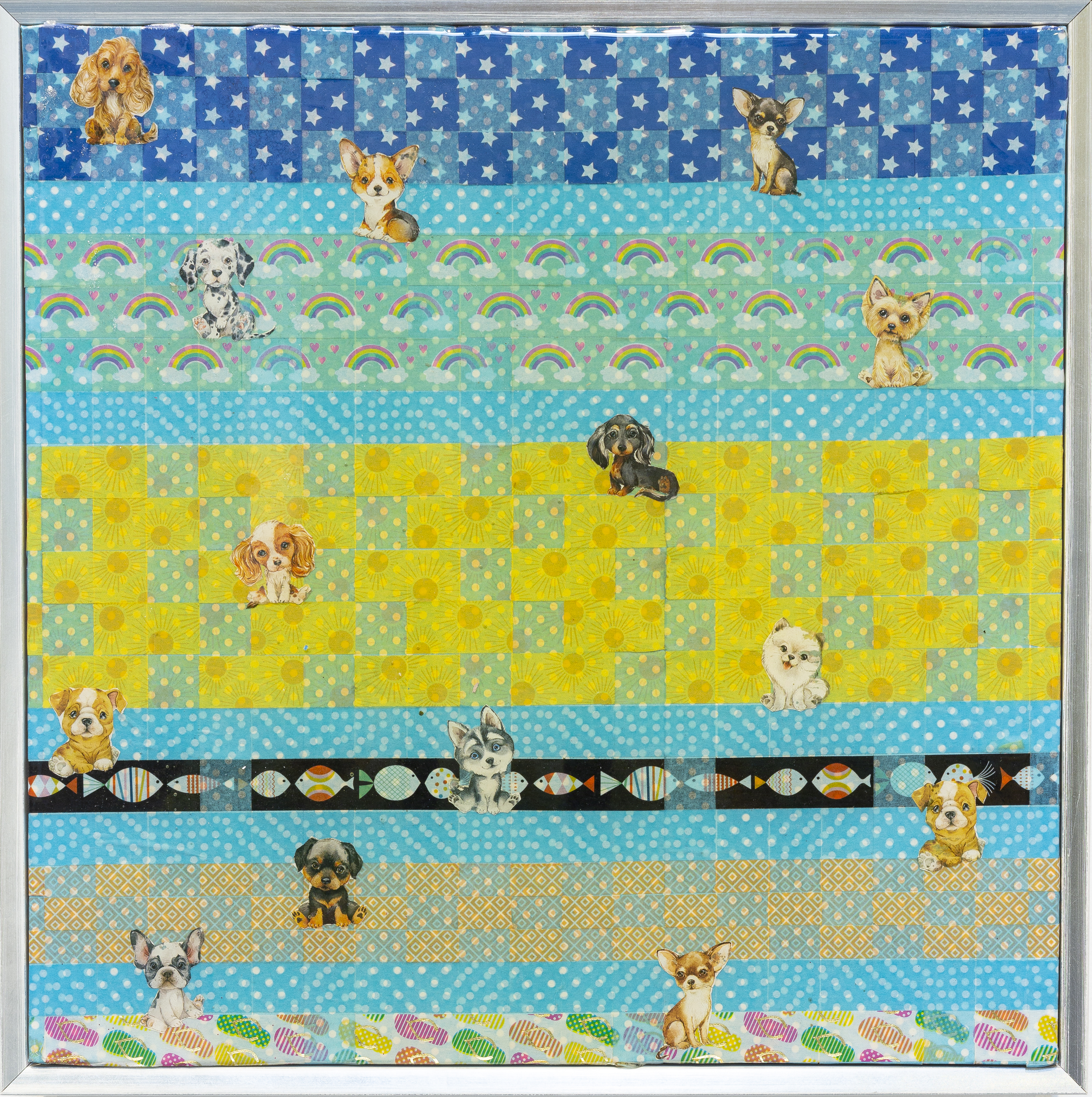 Minaxi May, Doggie South Beach, 2025, washi tape and paper, glue and epoxy resin on board, 32 x 32 x 5.5cm