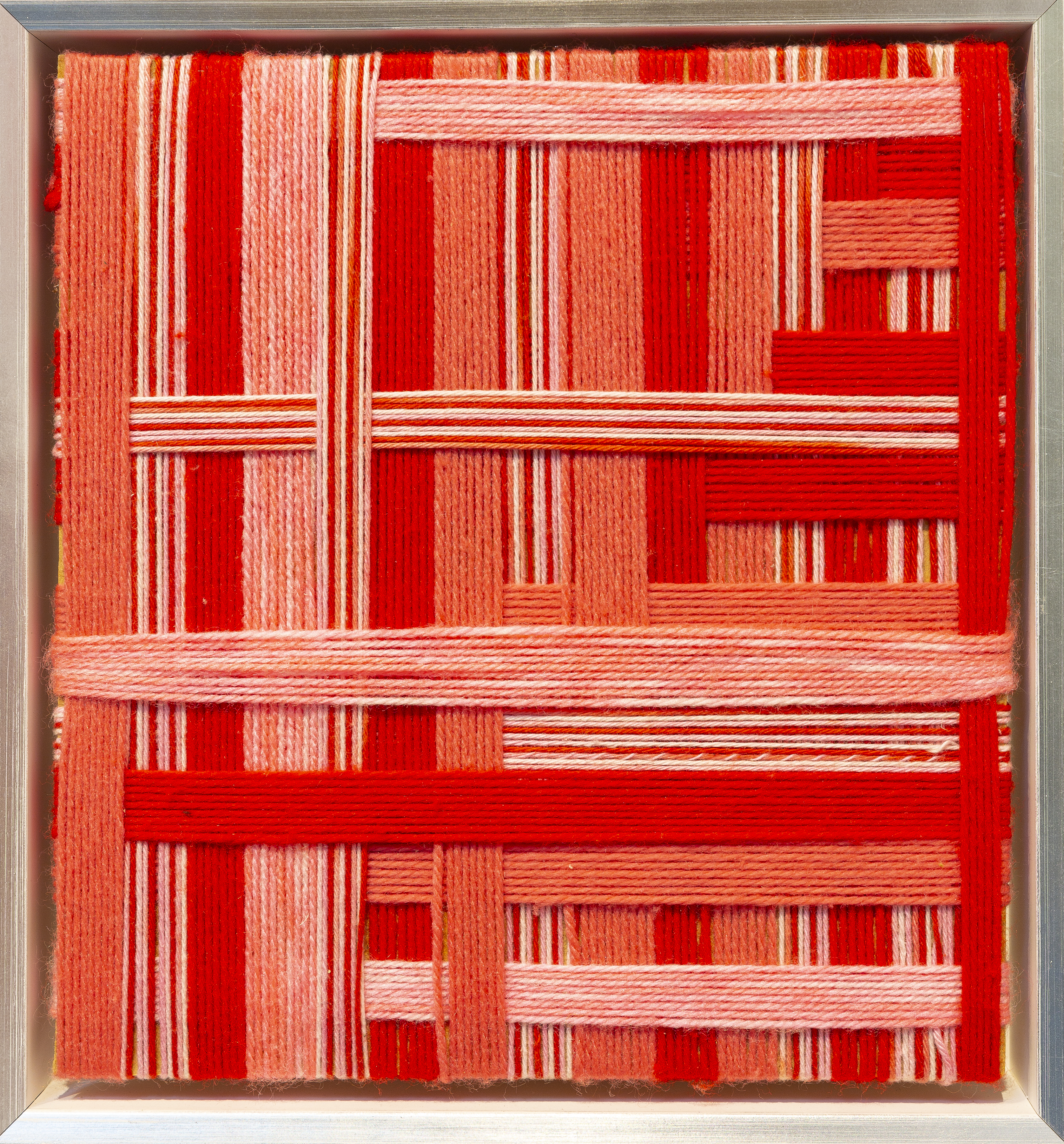 Minaxi May, Pink, Red, 2025, acrylic yarn and wood, 23 x 21 x 5.5cm