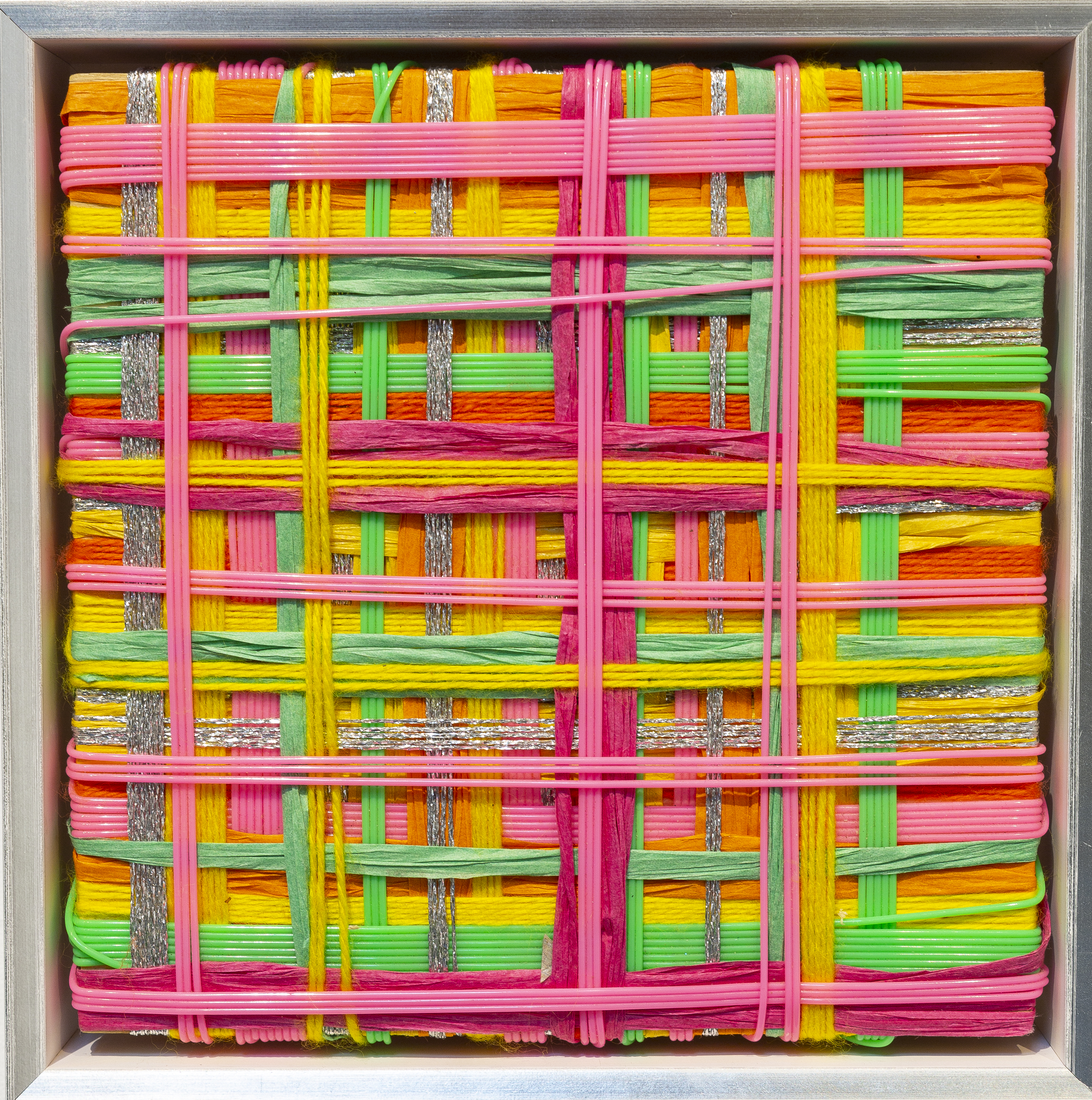 Minaxi May, Pink, Yellow, Green, 2025, plastic, raffia, acrylic yarn and wood, 19.5 x 19.5 x 5.5cm