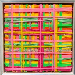 Minaxi May, Pink, Yellow, Green, 2025, plastic, raffia, acrylic yarn and wood, 19.5 x 19.5 x 5.5cm