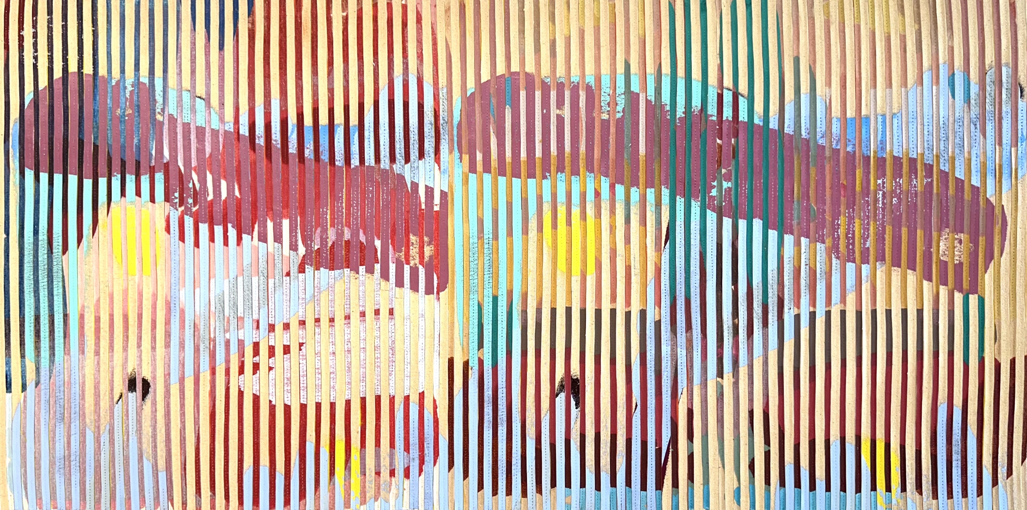 Eveline Kotai, Swatches Redirected, 2026, acrylic, oil and polyester thread on canvas, 61 x 122cm
