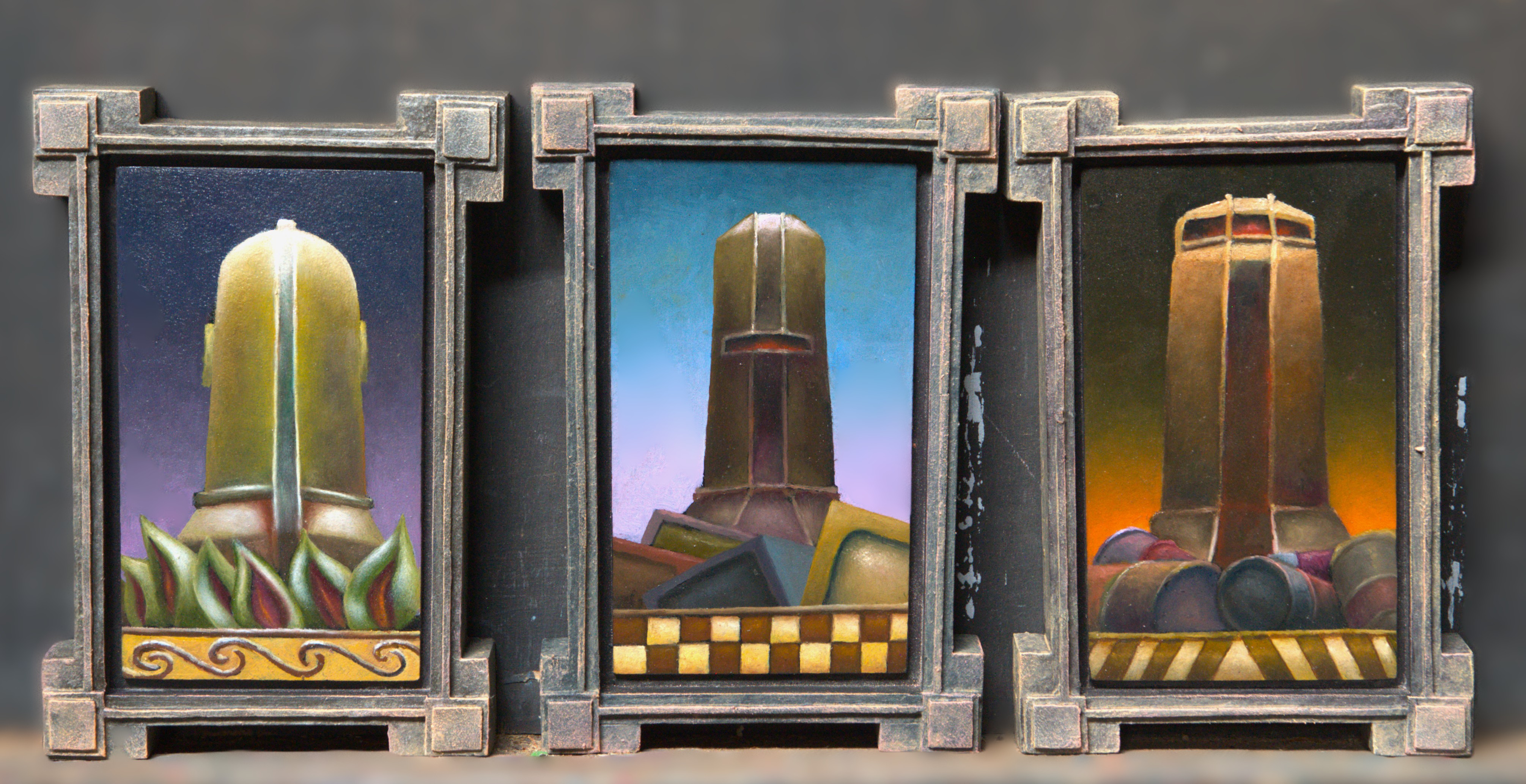 Stuart Elliott, Mauskar Triptych, 2025, oil on board, 22.5 x 15.5cm each