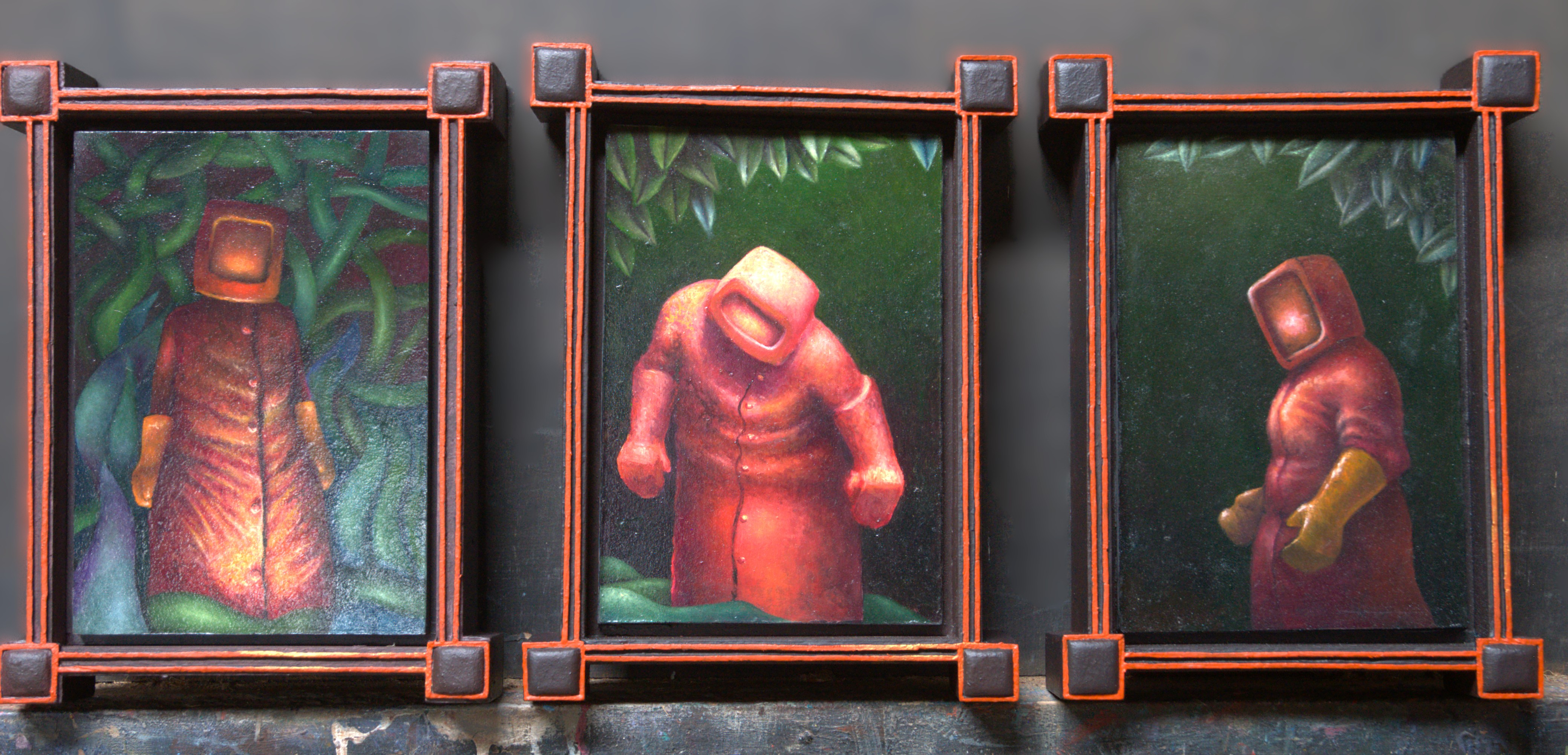 Stuart Elliott, Rednaut Triptych, 2026, oil on board and acrylic painted frames with wax polish, 28 x 20cm each