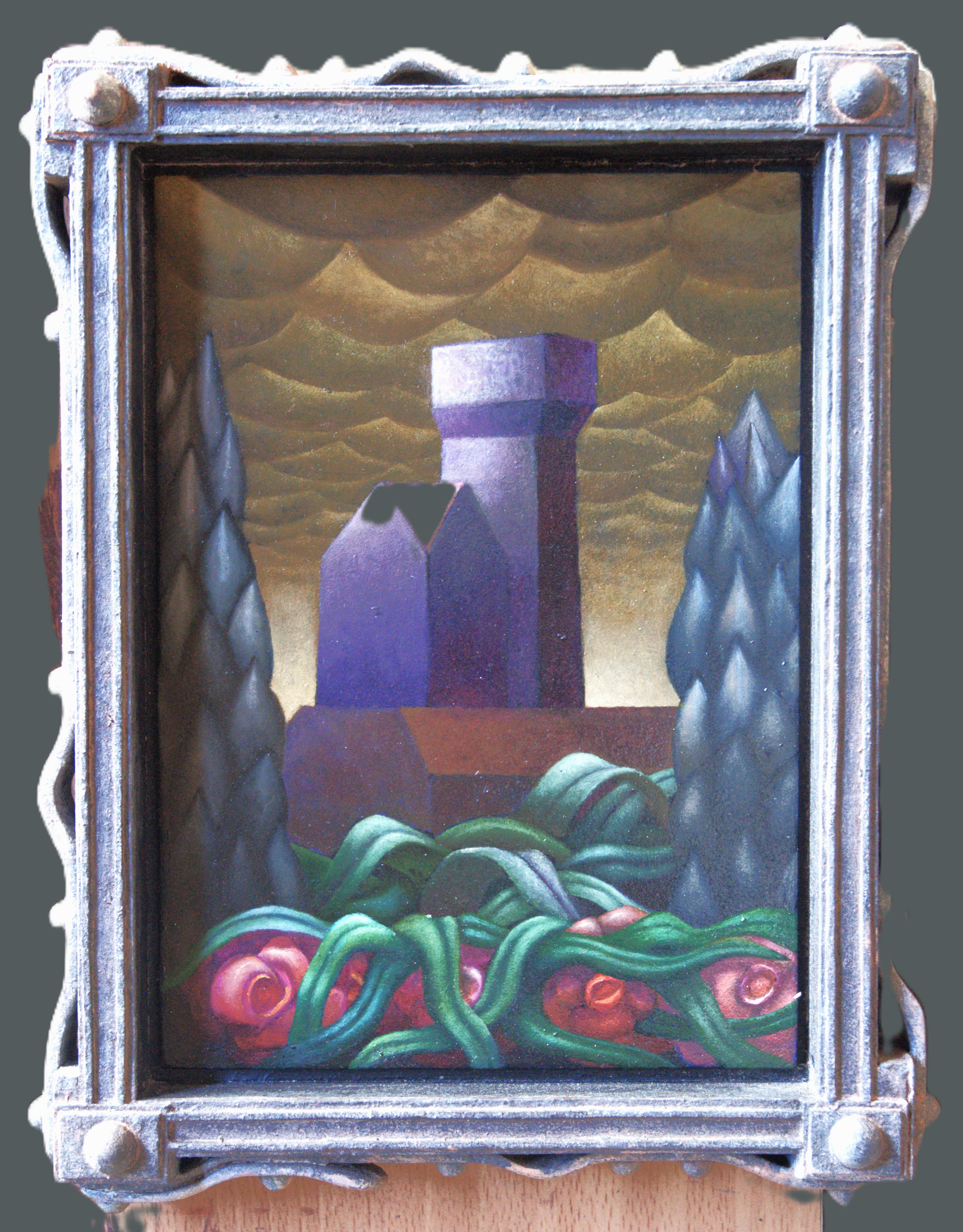 Stuart Elliott, Facon, 2026, oil on board and acrylic painted wooden frame, 38.5 x 30 x 6cm