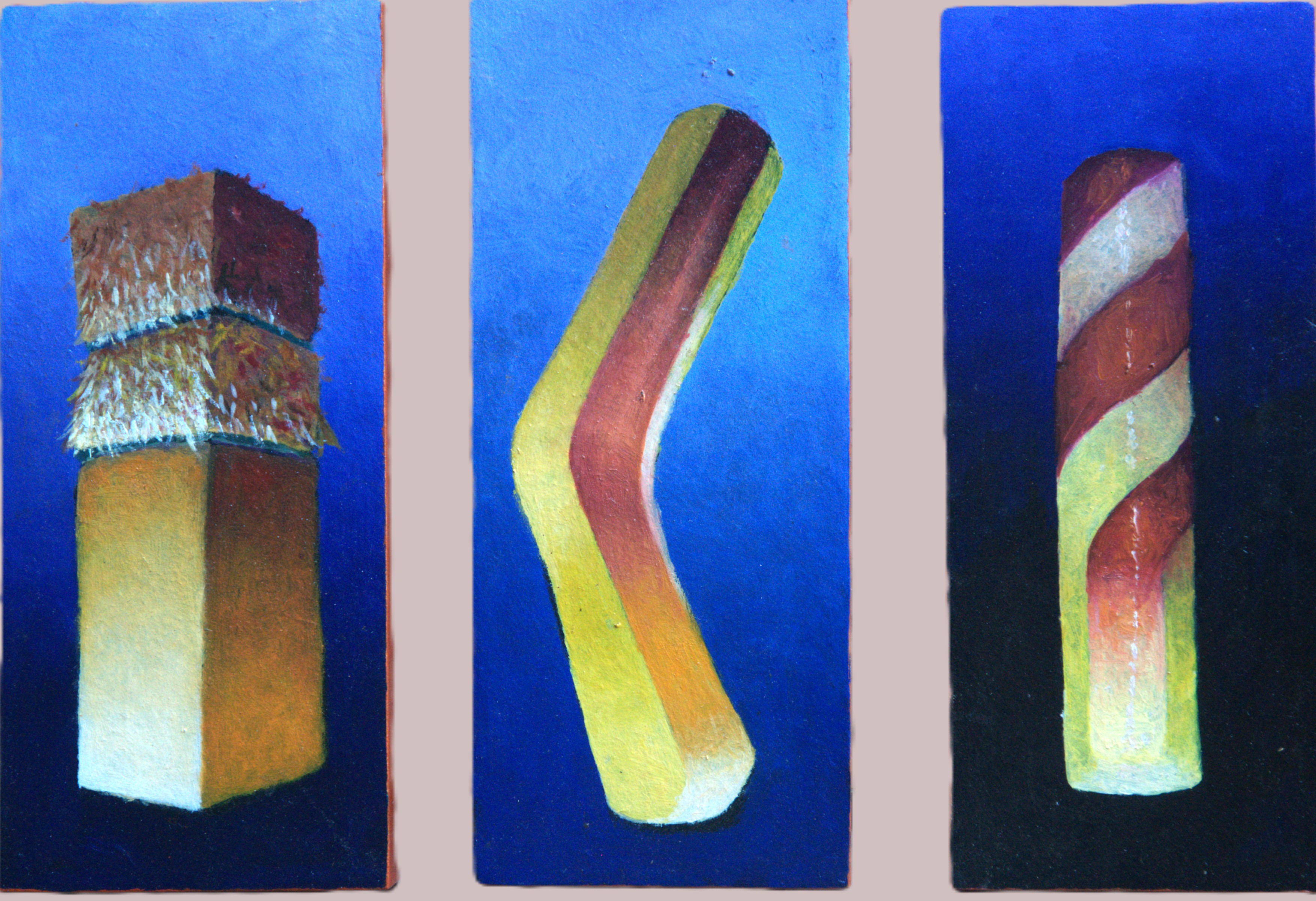 Stuart Elliott, Logoid Triptych, 2026, oil on board, 18 x 7.5cm each