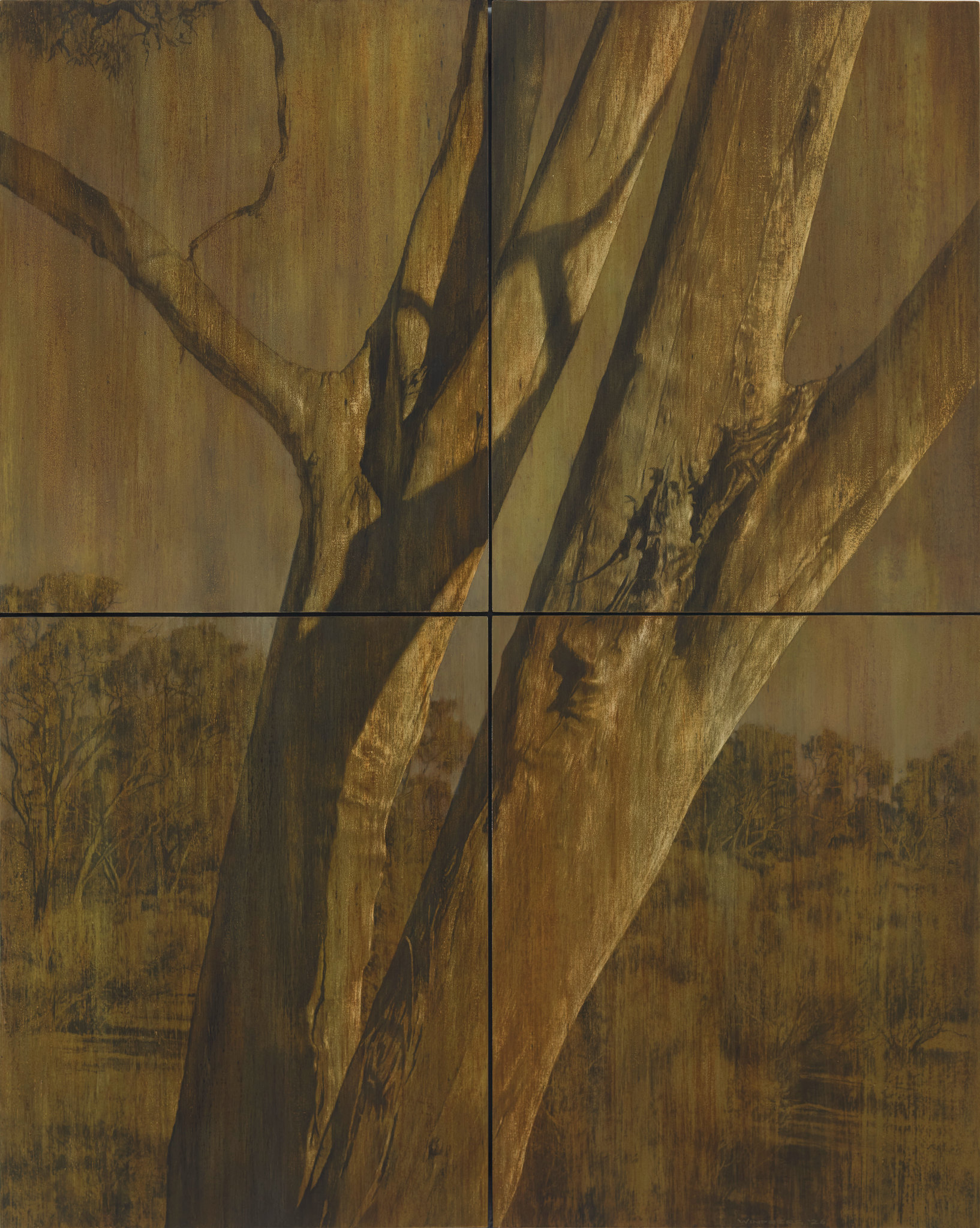 Tony Windberg, Wood Land - Green, 2026, earth pigments, pencil, acrylic and oil on board, 102 x 82cm (4 panels)