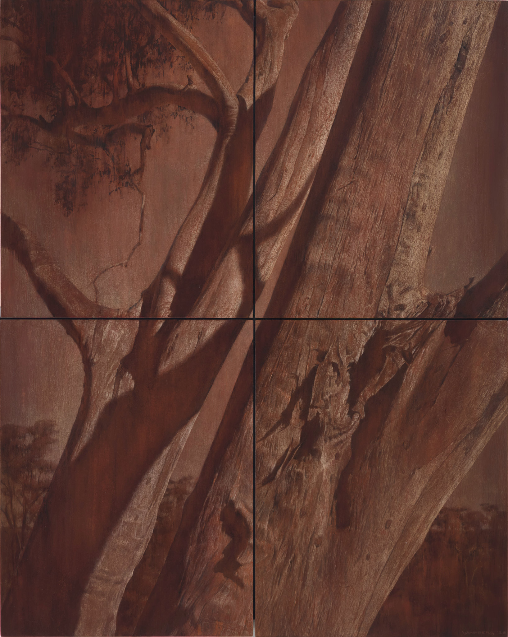 Tony Windberg, Wood Land - Red, 2026, earth pigments, pencil, acrylic and oil on board, 102 x 82cm (4 panels)