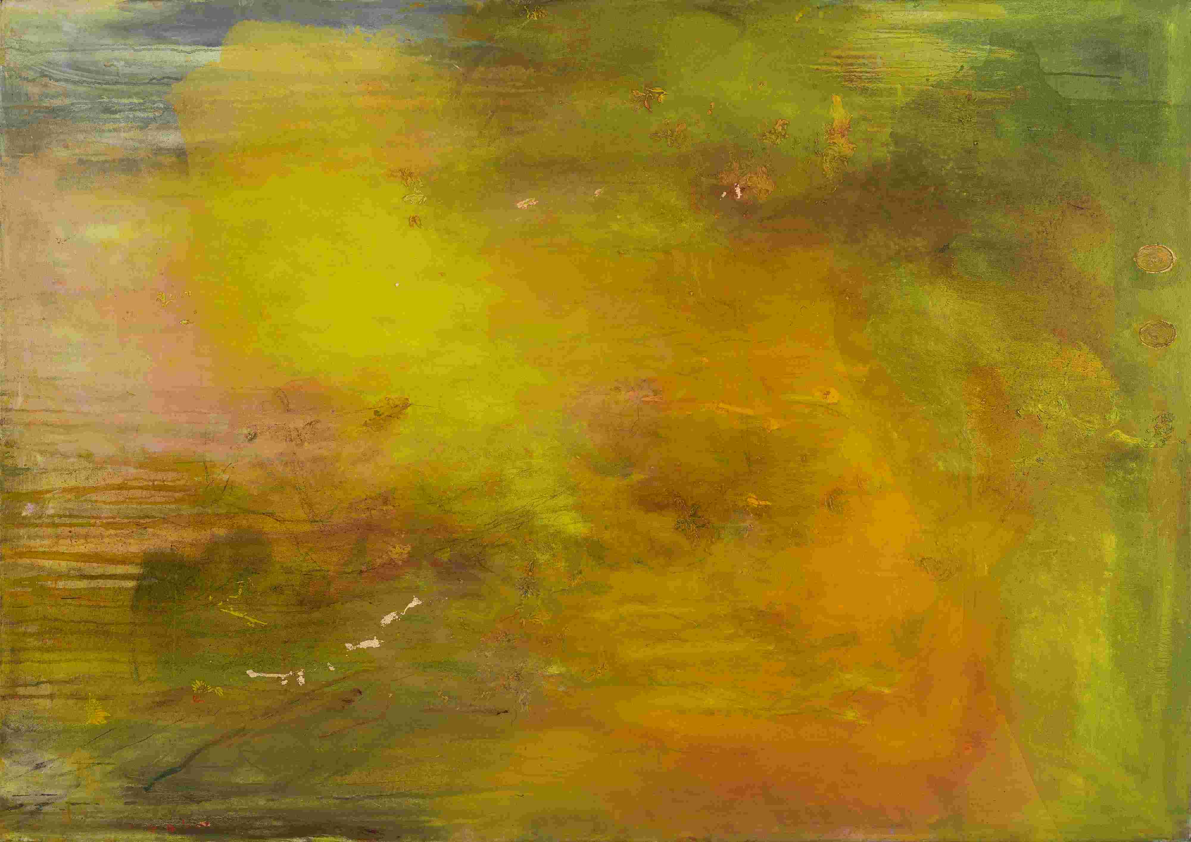 Angela Stewart, Becoming II, 2026, oil, acrylic, gesso, pencil, charcoal, gold and copper leaf on canvas, 120 x 170cm