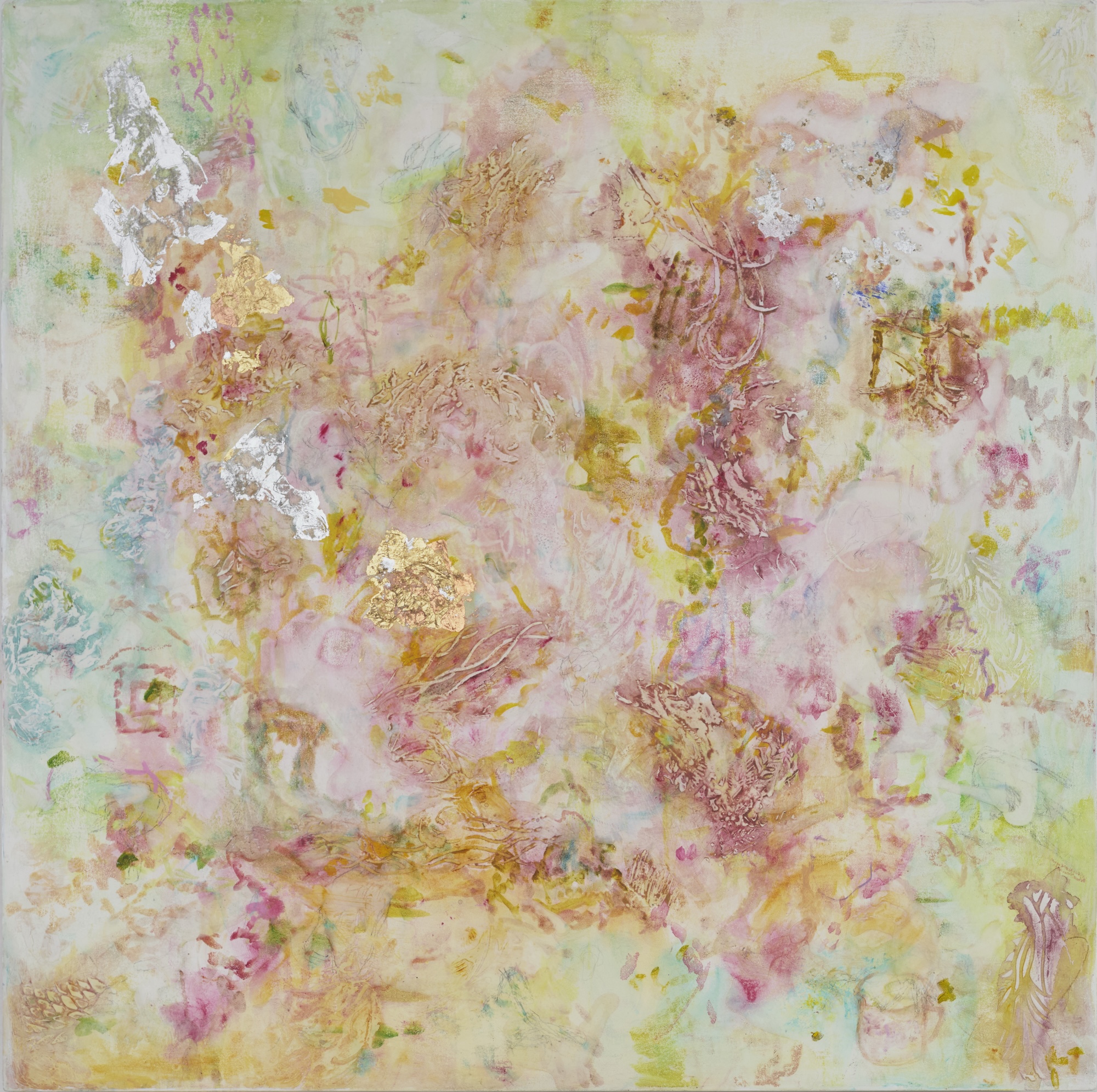 Angela Stewart, Palette I, 2026, oil, acrylic, pencil, gesso, gold, copper and silver leaf on board, 75 x 75cm