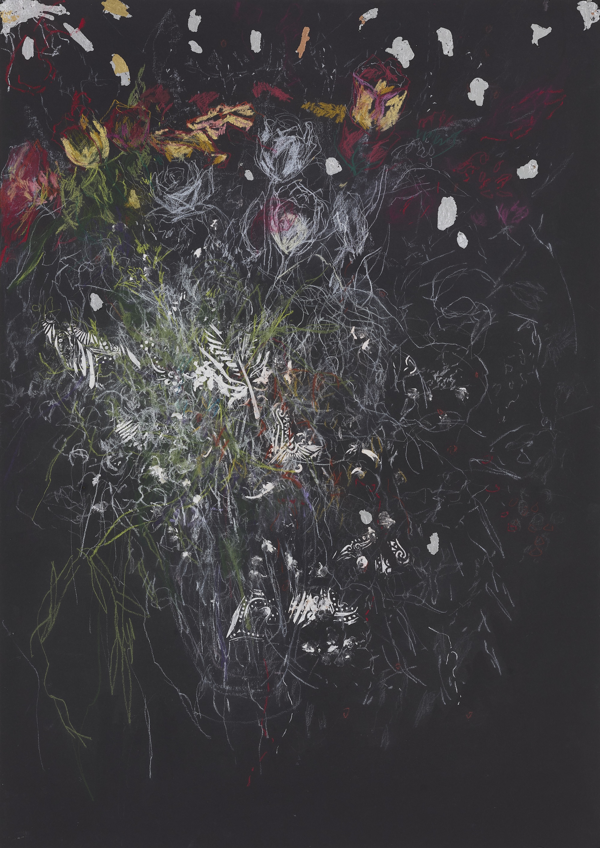 Angela Stewart, Palette IV, 2026, white pastel, pastel, conti, gold, copper and silver leaf on black paper, 88 x 63cm