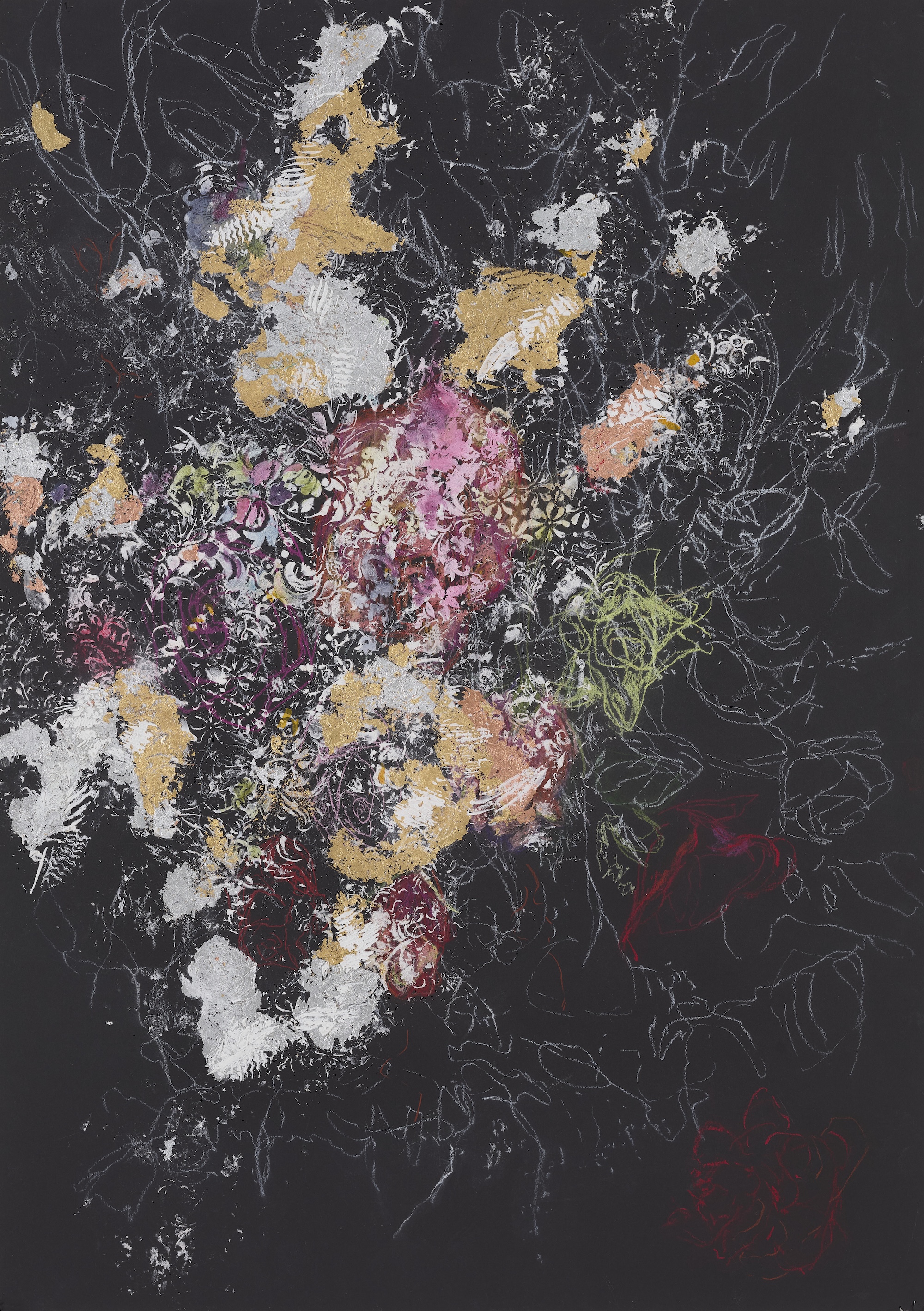 Angela Stewart, Palette III, 2026, white pastel, pastel, conti, gold, copper and silver leaf on black paper, 88 x 63cm