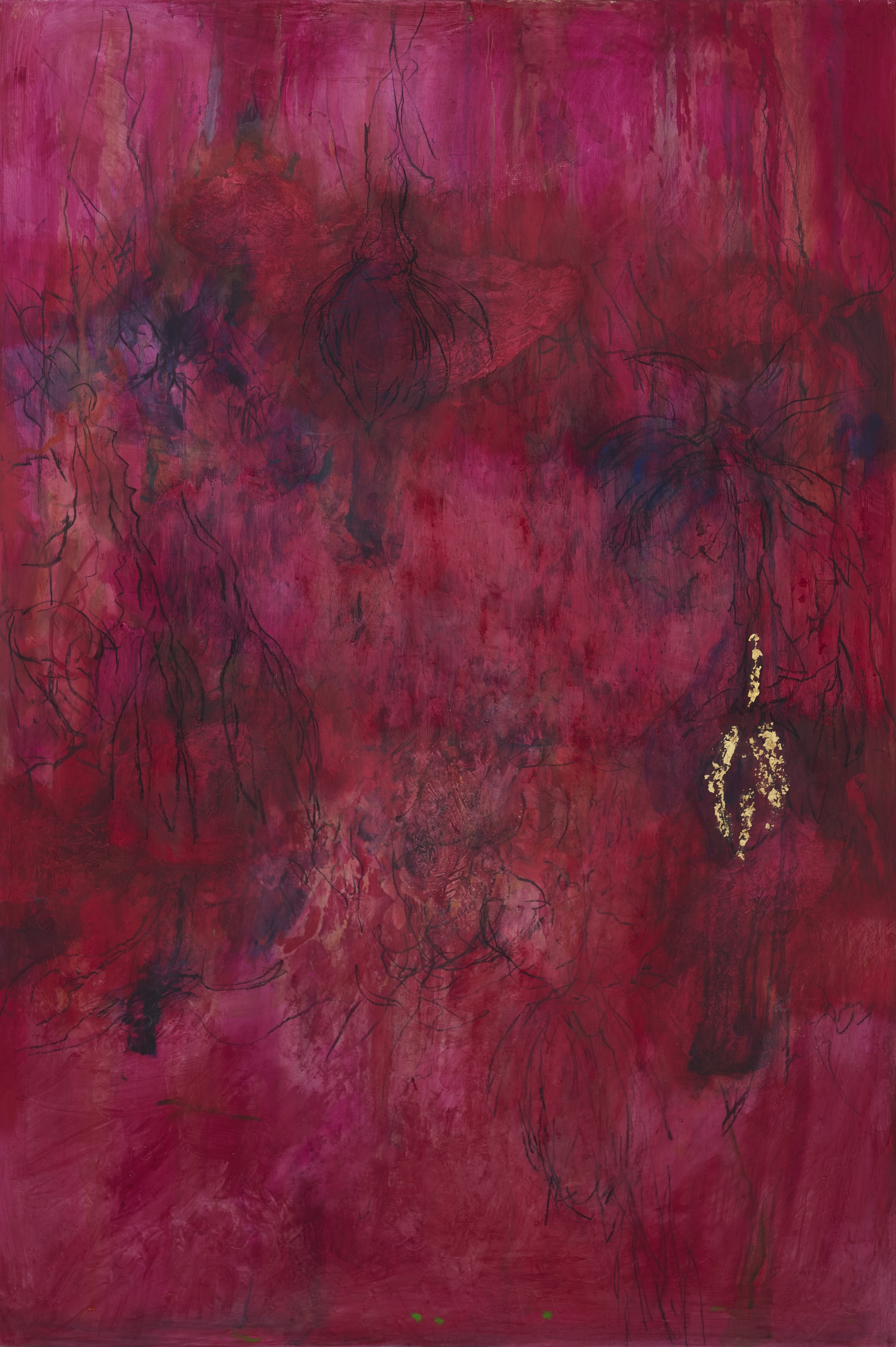 Angela Stewart, Moonflower, 2026, oil, acrylic, gesso, charcoal, pencil and silver leaf on canvas, 150 x 100cm