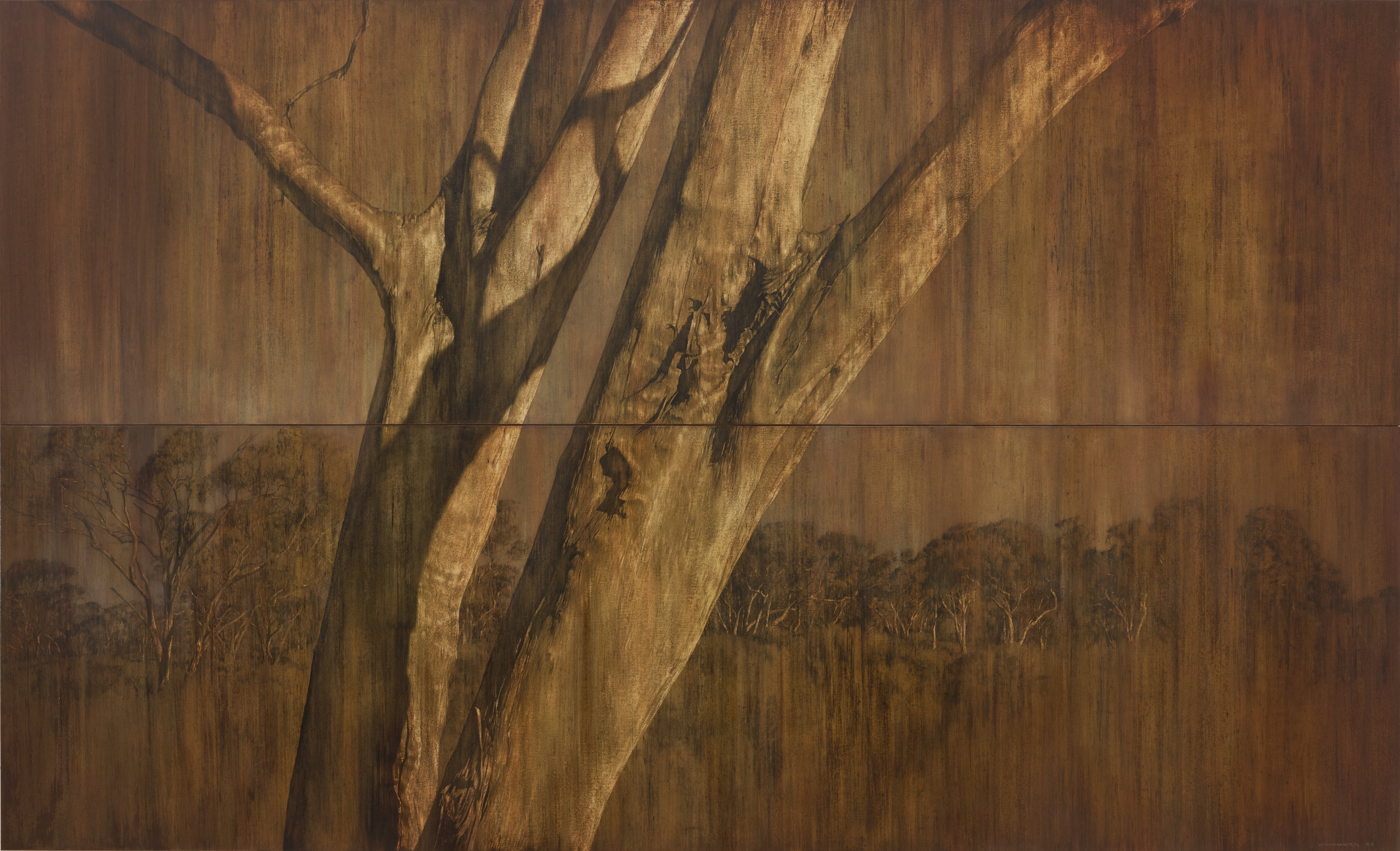 Tony Windberg, Wood Land, 2026, earth pigments, pencil, acrylic and oil on board, 144 x 204cm