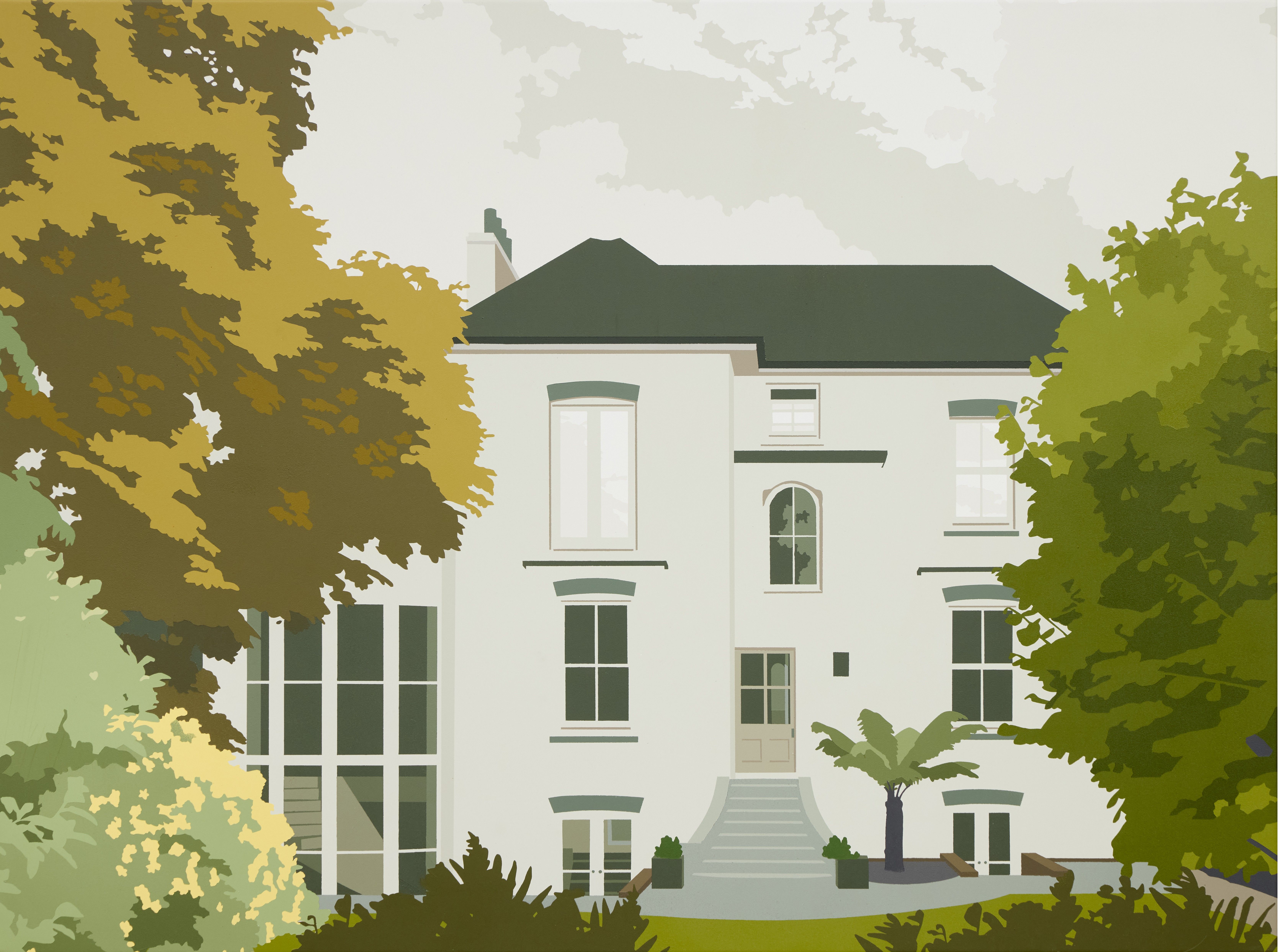 Joanna Lamb, A Romance in 2-Dimensions (English House), 2026, acrylic on superfine polyester, 91 x 122cm