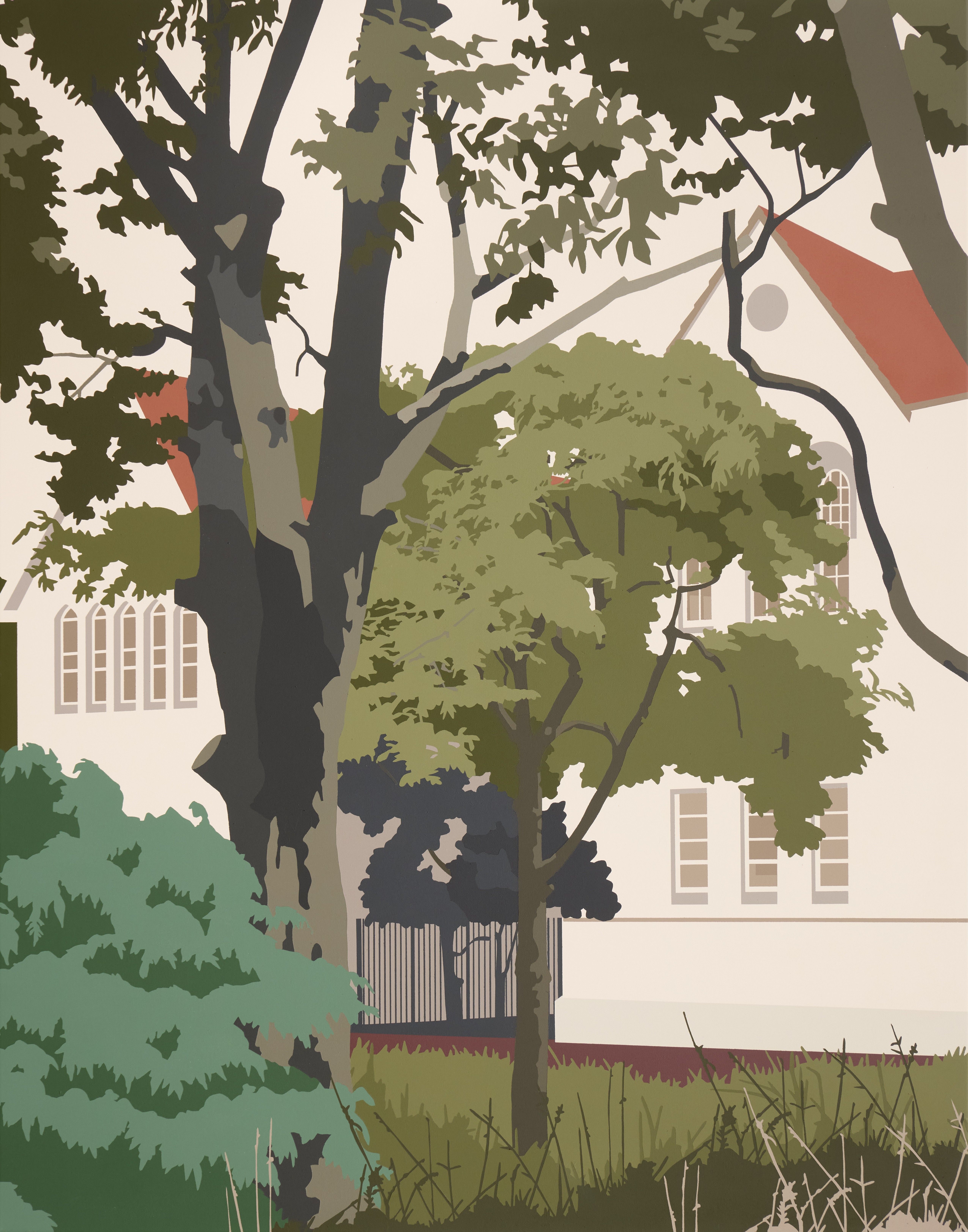 Joanna Lamb, A Romance in 2-Dimensions (Trees and School), 2026, acrylic on Superfine polyester, 140 x 110cm