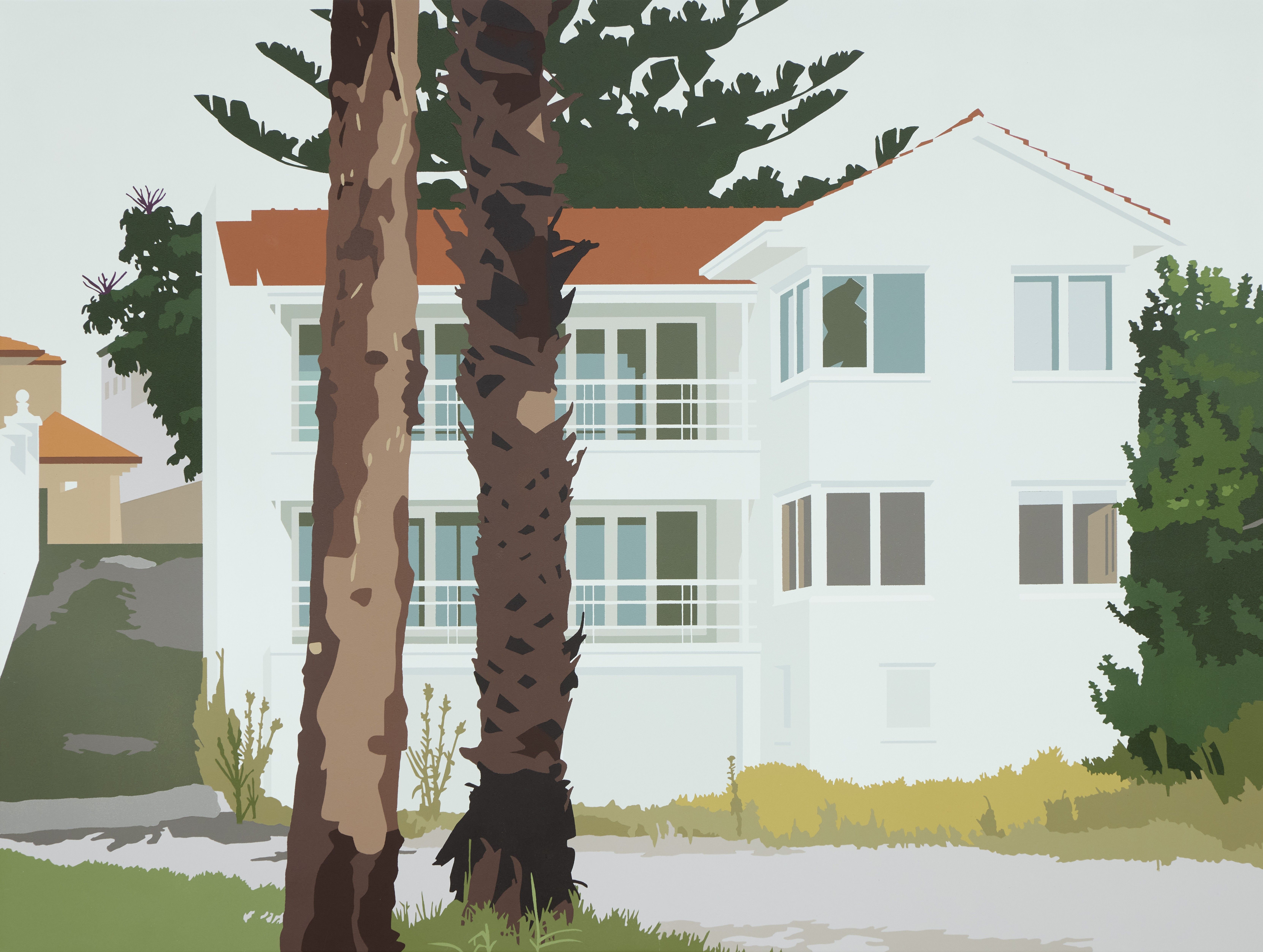 Joanna Lamb, A Romance in 2-Dimensions (House with Two Tree Trunks), 2026, acrylic on Superfine polyester, 105.5 x 140cm