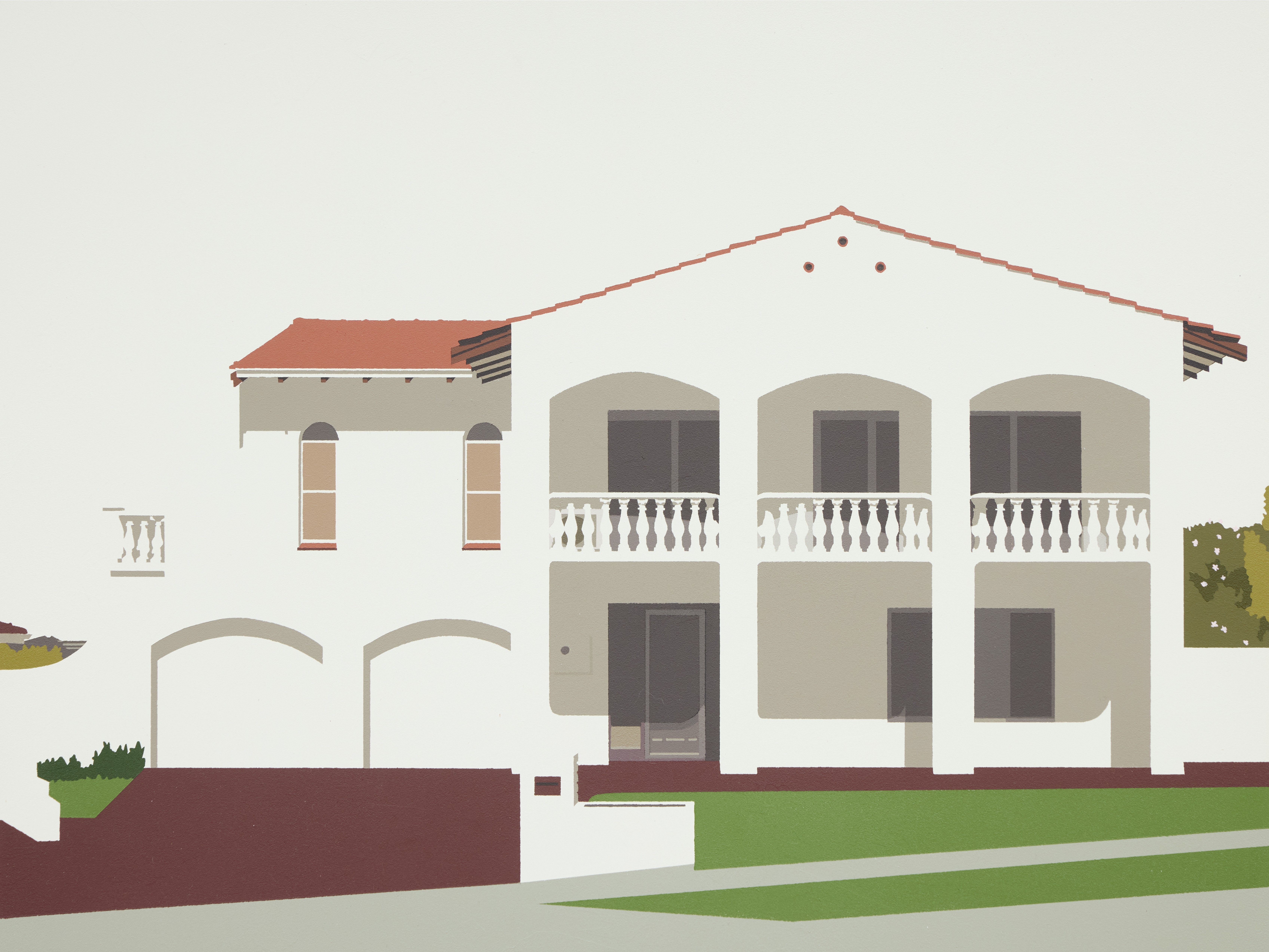 Joanna Lamb, A Romance in 2-Dimensions (White House, Spanish Mission), 2026, acrylic on board, 46 x 61cm