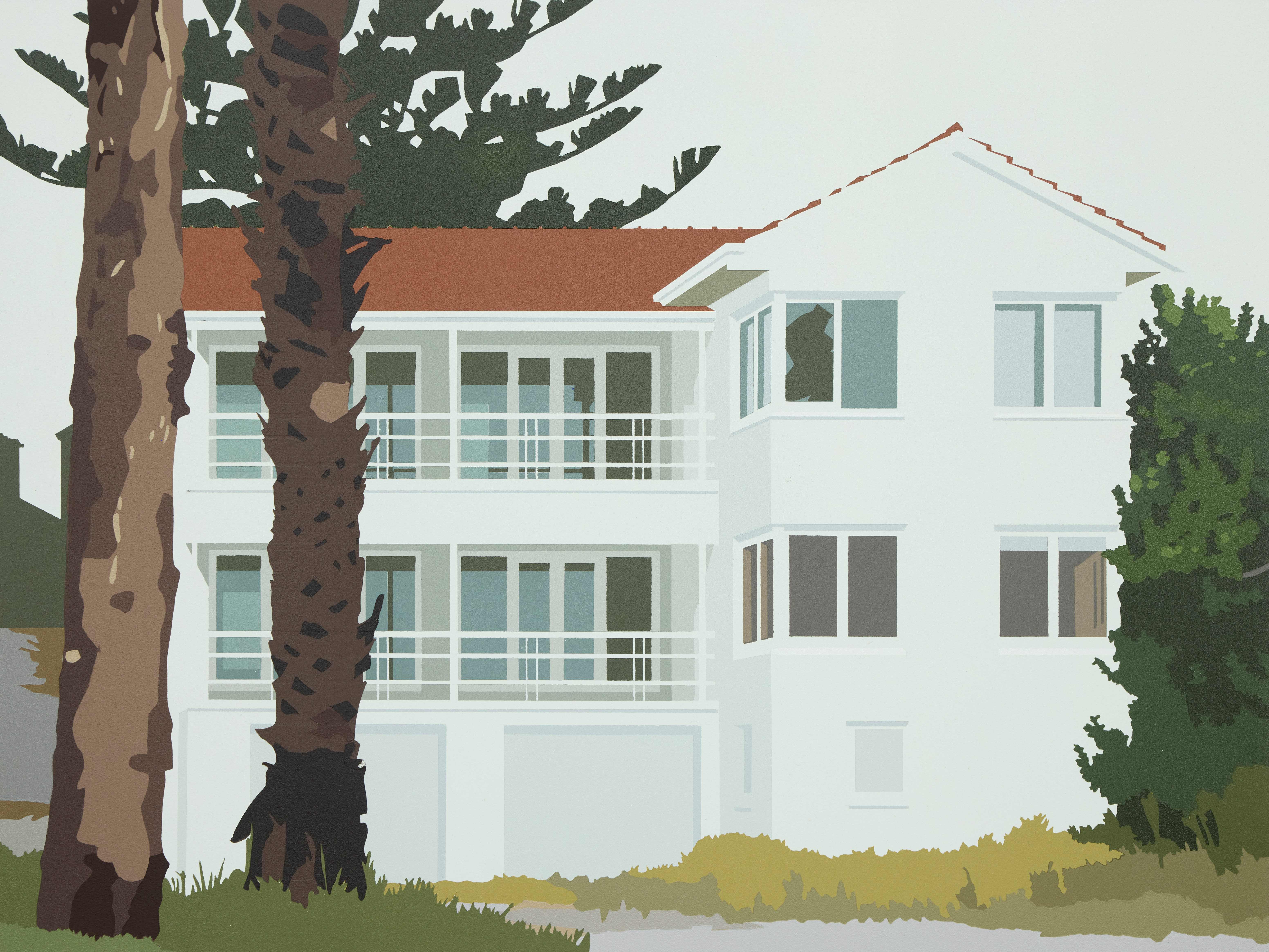 Joanna Lamb, A Romance in 2-Dimensions (House with 2 Tree Trunks, Study), 2026, acrylic on board, 46 x 61cm