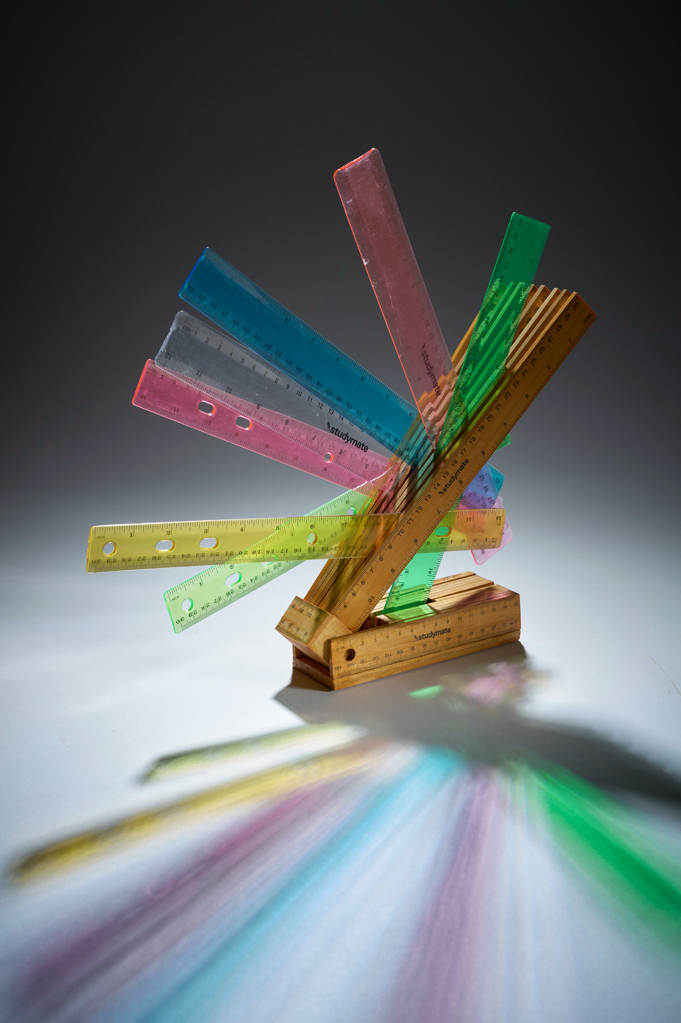 Minaxi May, Diagonal Moves, 2026, FSC wood and plastic rulers, 35.5 x 24 x 9cm