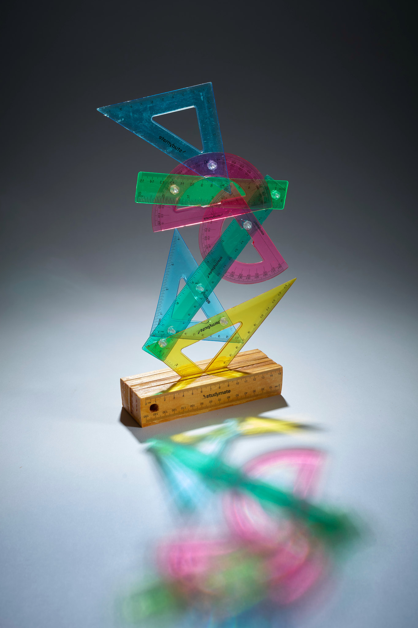 Minaxi May, Geometric Pillar, 2026, FSC wood and plastic rulers, 35.5 x 16 x 5cm