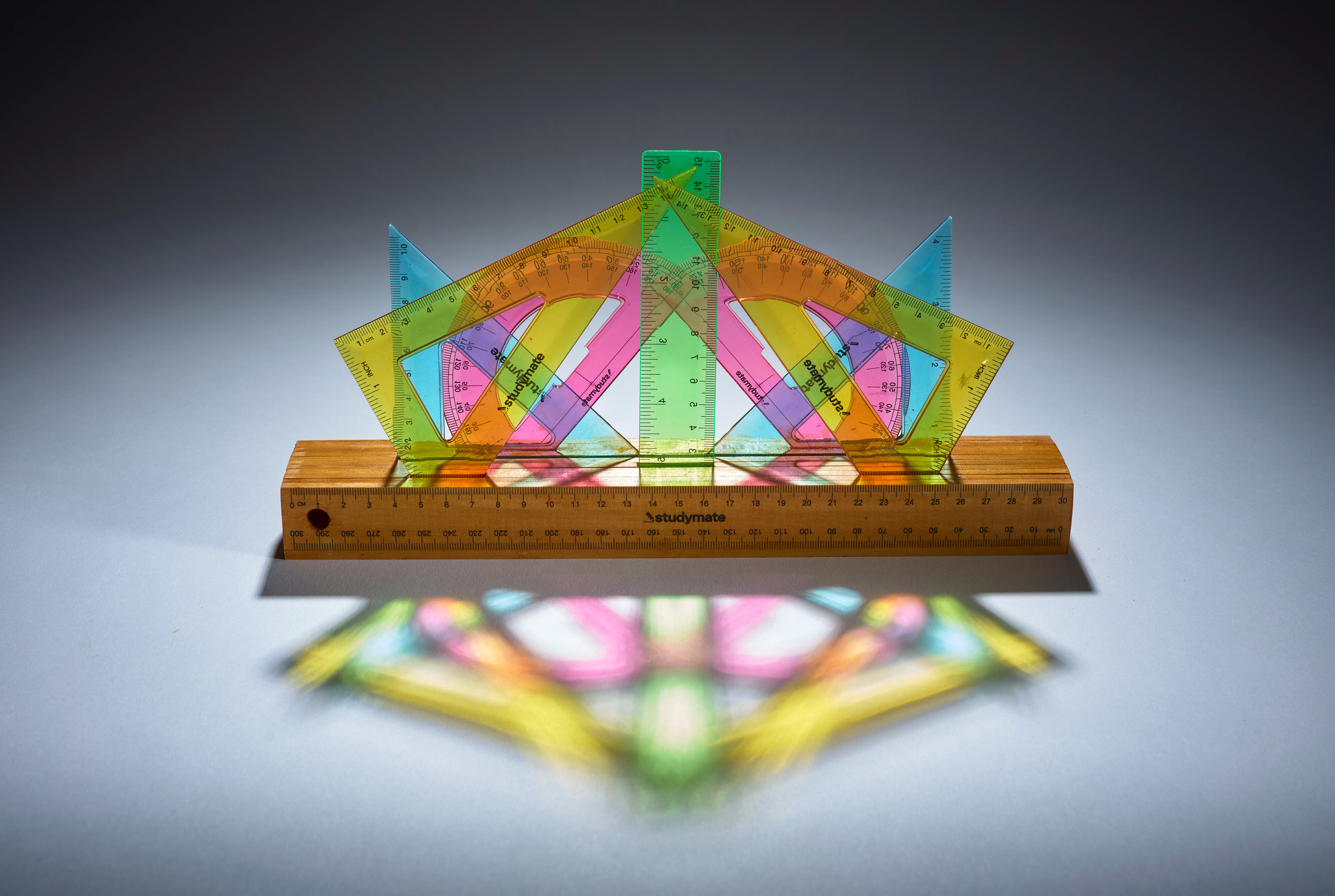 Minaxi May, Mirrored Rays, 2026, FSC wood and plastic rulers, 16.5 x 31 x 4.5cm