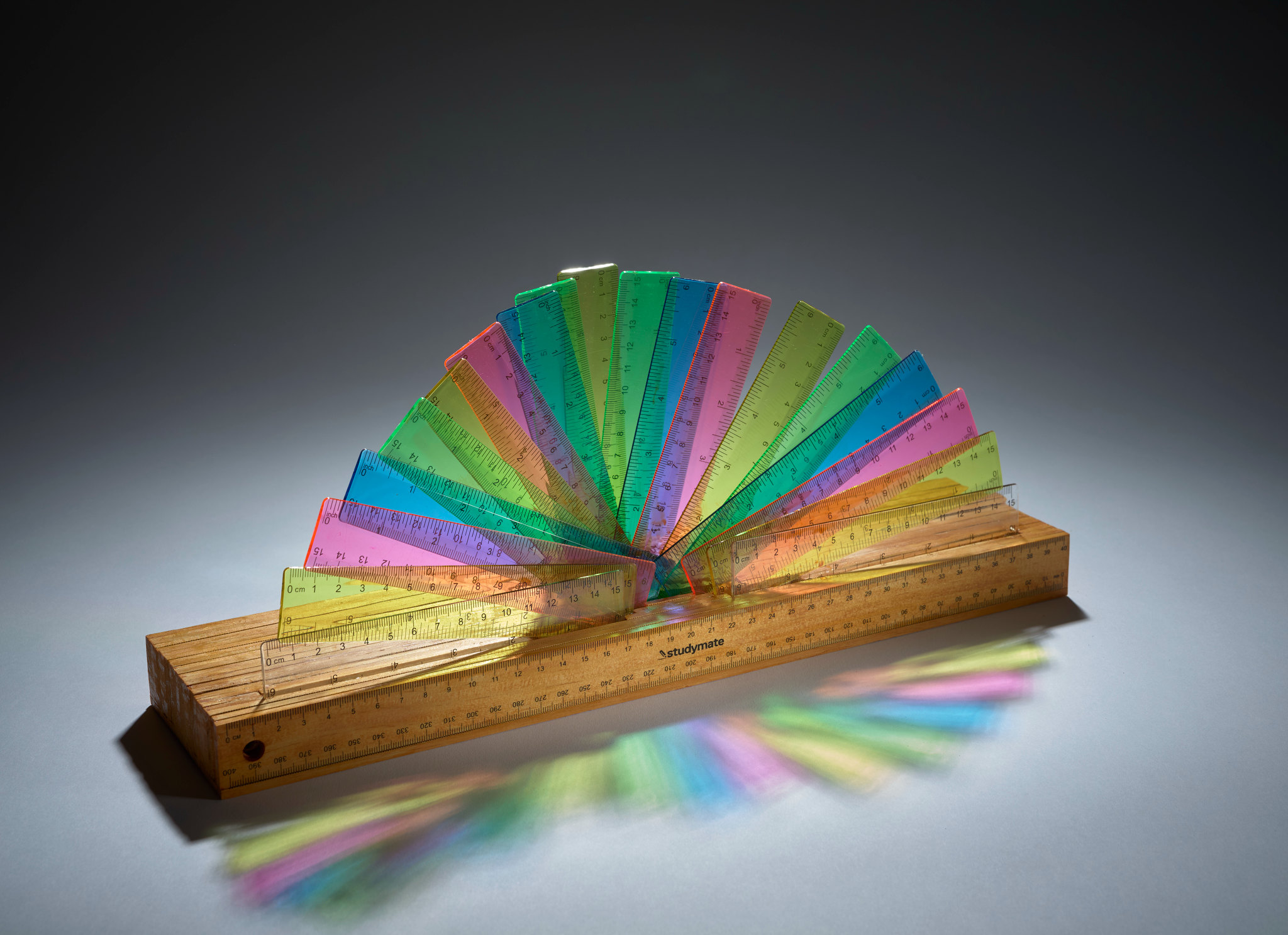 Minaxi May, Pocket Rainbow, 2026, FSC wood and plastic rulers, 17 x 41 x 10cm