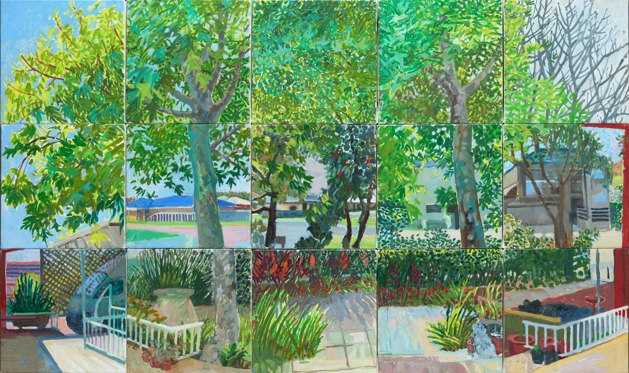 Jane Martin, Suburban Spring, 2025, oil on board, 91.5 x 151.5cm